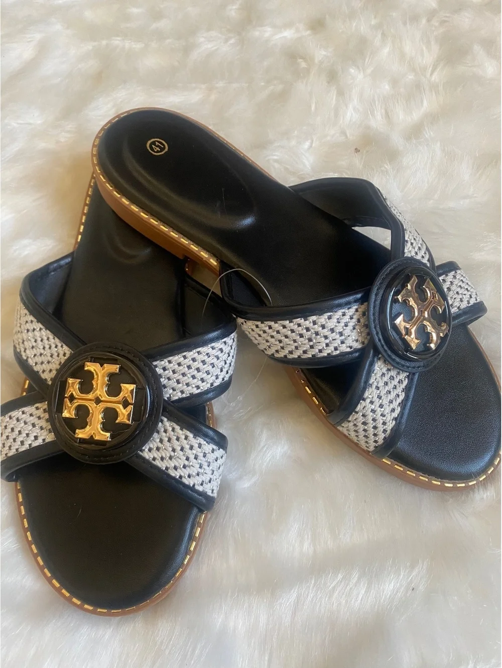 Tory Burch Black and White Slip-On Sandals, Gold Accent 10W